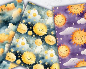 Summer Sun and Cute Clouds Digital Pattern Paper - Watercolor Texture, Summer Vibe, Seamless Background, Digital Download, Printable Paper