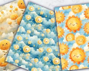 Summer Sun and Cute Clouds Digital Pattern Paper - Watercolor Texture, Summer Vibe, Seamless Background, Digital Download, Printable Paper