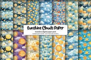 Summer Sun and Cute Clouds Digital Pattern Paper - Watercolor Texture, Summer Vibe, Seamless Background, Digital Download, Printable Paper