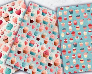 Valentine Hearts Cakes Seamless Repeat Pattern, Printable Digital Paper, Sweet Hearts Design, Light Solid Background, Empty Space