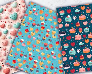 Valentine Hearts Cakes Seamless Repeat Pattern, Printable Digital Paper, Sweet Hearts Design, Light Solid Background, Empty Space