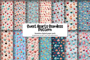 Valentine Hearts Cakes Seamless Repeat Pattern, Printable Digital Paper, Sweet Hearts Design, Light Solid Background, Empty Space