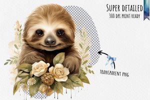 Instant Download Watercolor Clipart Bundle: Sweet Sloth with Kind Eyes, Cute Pastel Baby Sloth with Leaves, Digital PNG Images