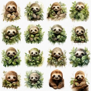 Instant Download Watercolor Clipart Bundle: Sweet Sloth with Kind Eyes, Cute Pastel Baby Sloth with Leaves, Digital PNG Images