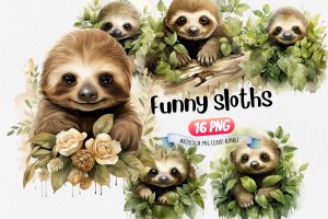 Instant Download Watercolor Clipart Bundle: Sweet Sloth with Kind Eyes, Cute Pastel Baby Sloth with Leaves, Digital PNG Images