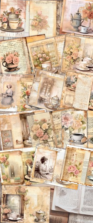 Vintage Tea Digital Junk Journal Kit, Collage Printable, Tea Theme Paper - Perfect for Scrapbooking, Invitations, Digital Planners