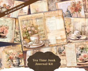 Vintage Tea Digital Junk Journal Kit, Collage Printable, Tea Theme Paper - Perfect for Scrapbooking, Invitations, Digital Planners