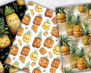 Colorful Cartoon Coconut and Ananas Digital Pattern Paper Set - Tropical Fruit Seamless Texture Pack for Crafts and Scrapbooking