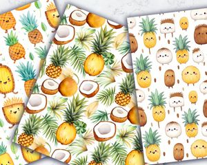 Colorful Cartoon Coconut and Ananas Digital Pattern Paper Set - Tropical Fruit Seamless Texture Pack for Crafts and Scrapbooking