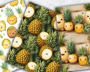 Colorful Cartoon Coconut and Ananas Digital Pattern Paper Set with Seamless Textures - Tropical Fruit Clipart for DIY Crafts and Designs