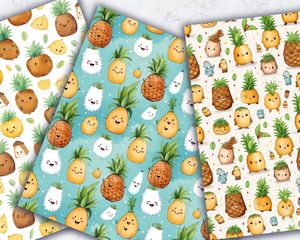 Colorful Cartoon Coconut and Ananas Digital Pattern Paper Set with Seamless Textures - Tropical Fruit Clipart for DIY Crafts and Designs