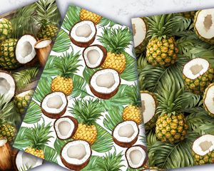 Colorful Cartoon Coconut and Ananas Digital Pattern Paper Set with Seamless Textures - Tropical Fruit Clipart for DIY Crafts and Designs