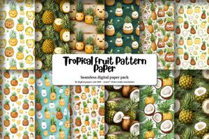 Colorful Cartoon Coconut and Ananas Digital Pattern Paper Set with Seamless Textures - Tropical Fruit Clipart for DIY Crafts and Designs