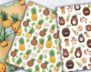 Colorful Cartoon Coconut and Ananas Digital Pattern Paper - Tropical Fruit Clipart, Seamless Texture, Instant Download, Commercial Use