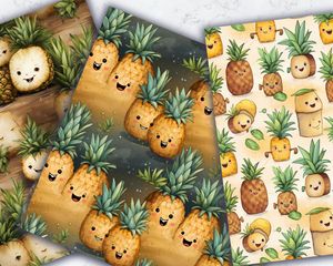 Colorful Cartoon Coconut and Ananas Digital Pattern Paper - Tropical Fruit Clipart, Seamless Texture, Instant Download, Commercial Use