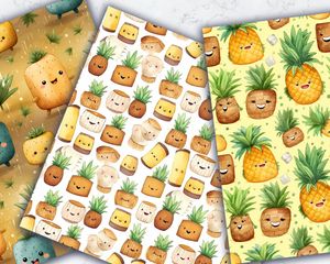 Colorful Cartoon Coconut and Ananas Digital Pattern Paper - Tropical Fruit Clipart, Seamless Texture, Instant Download, Commercial Use