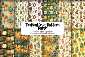 Colorful Cartoon Coconut and Ananas Digital Pattern Paper - Tropical Fruit Clipart, Seamless Texture, Instant Download, Commercial Use