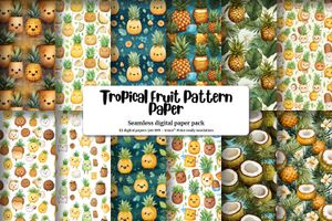 Colorful Cartoon Coconut and Ananas Digital Pattern Paper for Crafts and Scrapbooking - Tropical Fruit Seamless Texture Designs