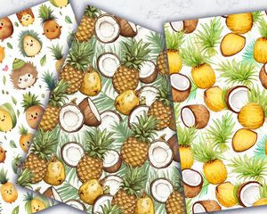 Colorful Cartoon Coconut and Ananas Digital Paper Pack - Tropical Seamless Patterns for Scrapbooking, Crafting, and DIY Projects