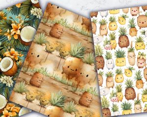 Colorful Cartoon Coconut and Ananas Digital Paper Pack - Tropical Seamless Patterns for Scrapbooking, Crafting, and DIY Projects