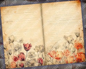 Watercolor Illustrated Lined Paper, Tulips Floral Theme, Vintage Flowers Wallpaper for Junk Journal, High Quality and Detailed