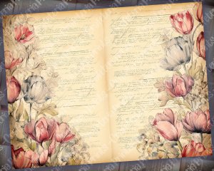 Watercolor Illustrated Lined Paper, Tulips Floral Theme, Vintage Flowers Wallpaper for Junk Journal, High Quality and Detailed