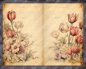 Watercolor Illustrated Lined Paper, Tulips Floral Theme, Vintage Flowers Wallpaper for Junk Journal, High Quality and Detailed