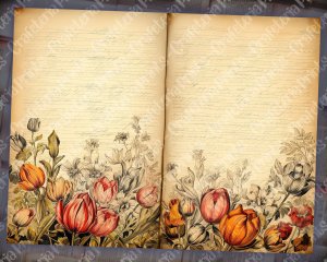 Watercolor Illustrated Lined Paper, Tulips Floral Theme, Vintage Flowers Wallpaper for Junk Journal, High Quality and Detailed