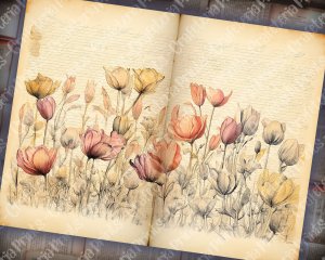 Watercolor Illustrated Lined Paper, Tulips Floral Theme, Vintage Flowers Wallpaper for Junk Journal, High Quality and Detailed