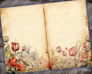 Watercolor Illustrated Lined Paper, Tulips Floral Theme, Vintage Flowers Wallpaper for Junk Journal, High Quality and Detailed