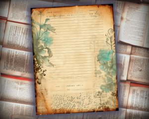 16 Papers | Turquoise and Brown Grunge Junk Journal Kit, Neutral Shabby Chic Printable Paper, Vintage Floral Distressed Lined Backgrounds