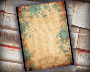 16 Papers | Turquoise and Brown Grunge Junk Journal Kit, Neutral Shabby Chic Printable Paper, Vintage Floral Distressed Lined Backgrounds