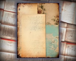 16 Papers | Turquoise and Brown Grunge Junk Journal Kit, Neutral Shabby Chic Printable Paper, Vintage Floral Distressed Lined Backgrounds