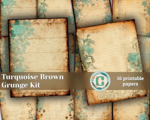 16 Papers | Turquoise and Brown Grunge Junk Journal Kit, Neutral Shabby Chic Printable Paper, Vintage Floral Distressed Lined Backgrounds