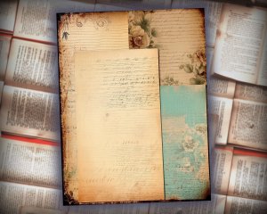 16 papers | Turquoise & Brown Grunge Junk Journal Kit, Printable Shabby Chic Ephemera, Vintage Floral Scrapbooking Paper