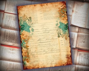 16 papers | Turquoise & Brown Grunge Junk Journal Kit, Printable Shabby Chic Ephemera, Vintage Floral Scrapbooking Paper