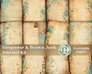 16 papers | Turquoise & Brown Grunge Junk Journal Kit, Printable Shabby Chic Ephemera, Vintage Floral Scrapbooking Paper