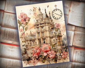 12 Papers | United Kingdom Themed Junk Journal Kit - Vintage Ephemera, Fairy Tale Watercolor Illustrations, Scrapbooking Background