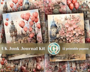 12 Papers | United Kingdom Themed Junk Journal Kit - Vintage Ephemera, Fairy Tale Watercolor Illustrations, Scrapbooking Background