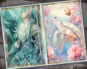 28 papers | Scrapbooking Underwater Fantasy Pack, Pastel Atlantis Theme, Mermaid and Sea Turtle Illustrations, Shabby Chic Ephemera