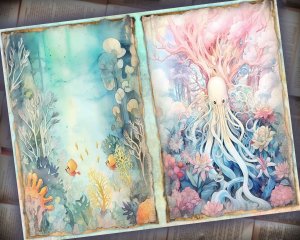 28 papers | Scrapbooking Underwater Fantasy Pack, Pastel Atlantis Theme, Mermaid and Sea Turtle Illustrations, Shabby Chic Ephemera