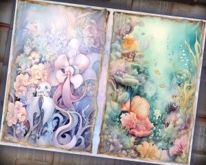 28 papers | Scrapbooking Underwater Fantasy Pack, Pastel Atlantis Theme, Mermaid and Sea Turtle Illustrations, Shabby Chic Ephemera