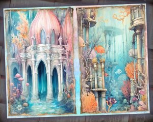 28 papers | Scrapbooking Underwater Fantasy Pack, Pastel Atlantis Theme, Mermaid and Sea Turtle Illustrations, Shabby Chic Ephemera