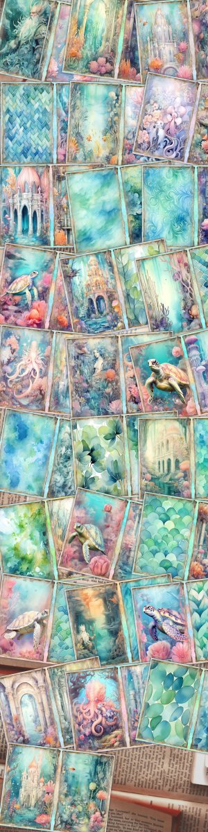 28 papers | Scrapbooking Underwater Fantasy Pack, Pastel Atlantis Theme, Mermaid and Sea Turtle Illustrations, Shabby Chic Ephemera