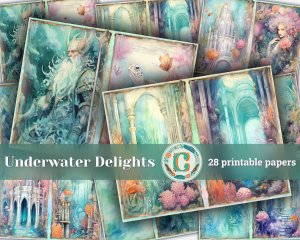 28 papers | Scrapbooking Underwater Fantasy Pack, Pastel Atlantis Theme, Mermaid and Sea Turtle Illustrations, Shabby Chic Ephemera