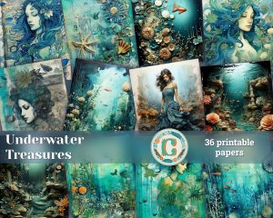 36 Papers | Under the Sea Junk Journal Kit, Blue Green Printable Pages, Shabby Chic Scrapbooking Paper, Ephemera Journaling Kit