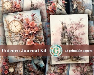 12 papers | Unicorn Themed Junk Journal Kit | Colorful Scrapbooking Papers | Fairy Tale Watercolor Illustrations | Shabby Chic Ephemera