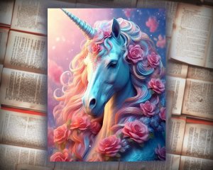 12 papers | Shining Iridescent Unicorn and Pastel Roses Scrapbooking Kit with High Detail and Fantasy Fairytale Style | Printable Pages