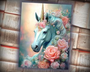 12 papers | Shining Iridescent Unicorn and Pastel Roses Scrapbooking Kit with High Detail and Fantasy Fairytale Style | Printable Pages