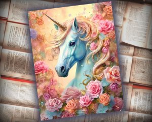 12 papers | Shining Iridescent Unicorn and Pastel Roses Scrapbooking Kit with High Detail and Fantasy Fairytale Style | Printable Pages